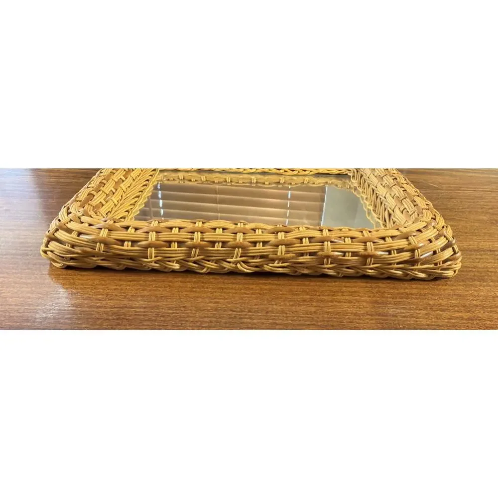 Vintage Rectangle Natural Wicker Rattan Boho Cottage Wall Hanging Mirror